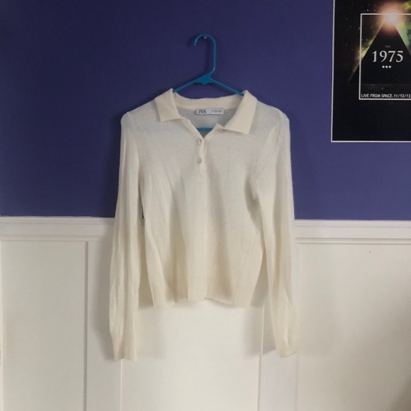 zara polo wool blend knit collared ecru sweater - Picture 1 of 4